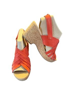 Women's Clarks Giselle Ivy Cork Wedge Leather Strappy Slingback Orange Size 9W